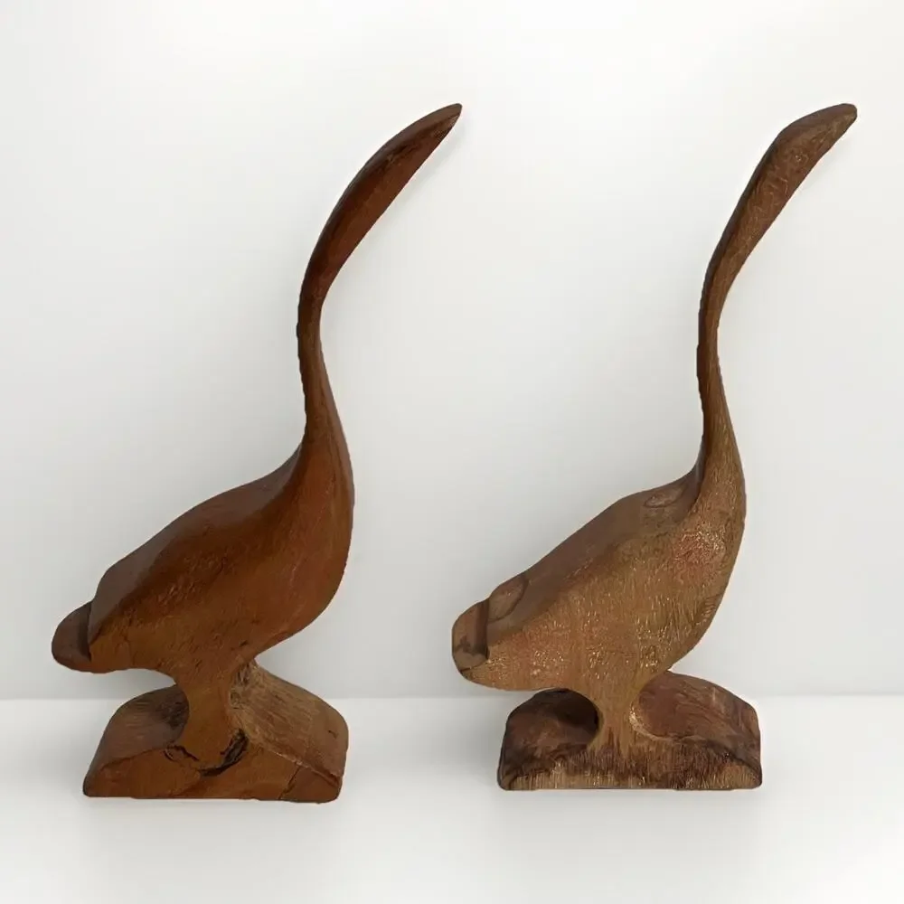 Pair Of Vintage Mid Century Modern Wooden Hand Carved Bird Crane Goose Set